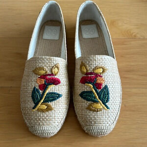 Tory Burch Beige Raffia Espadrilles with Red, Green & Gold Floral Embroidery